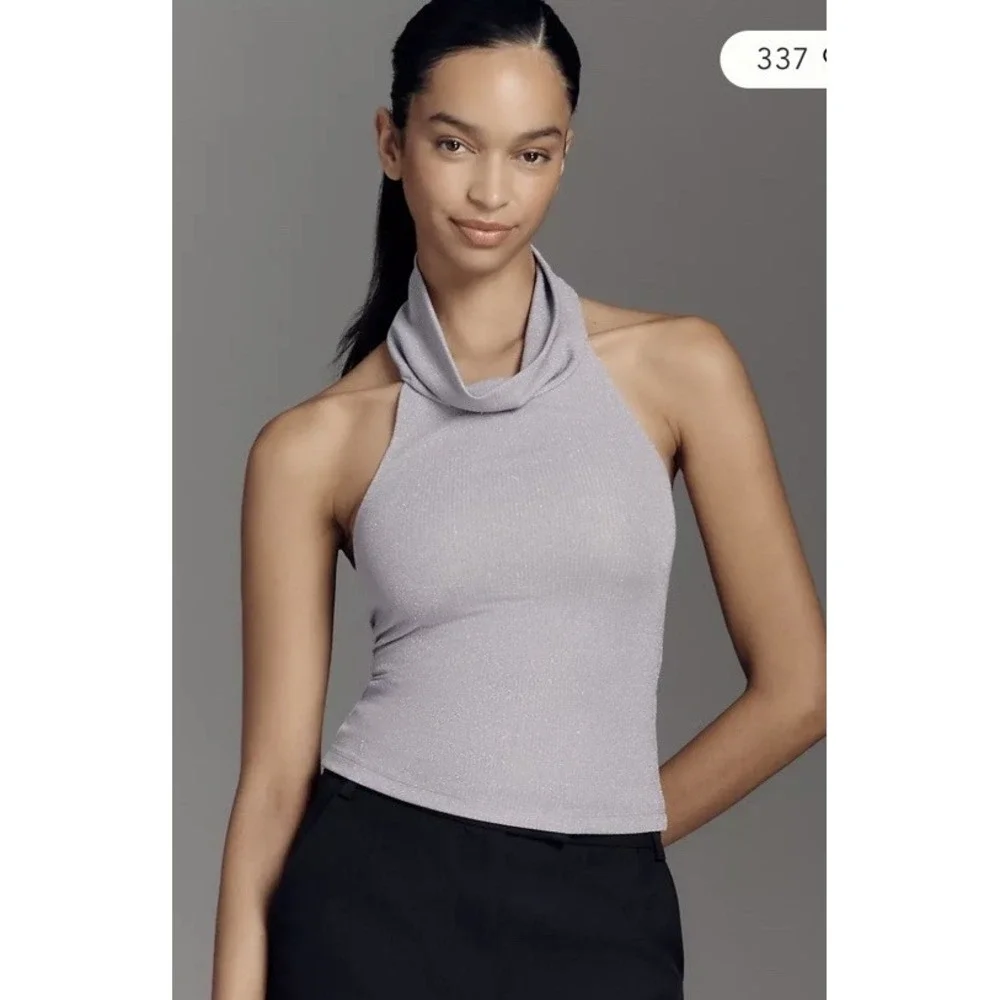Anthropologie Pilcro Shimmer Cowl Neck Halter Top Dusty Violet XS NWT